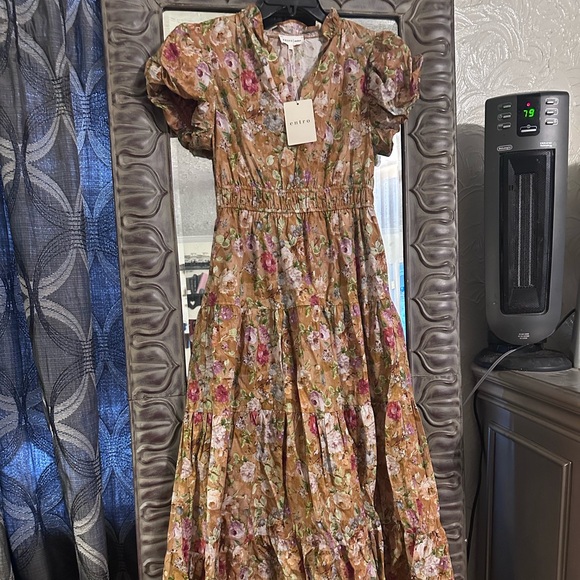 entro Dresses & Skirts - entro Floral Tiered Maxi Dress in Brown with Pink Accents